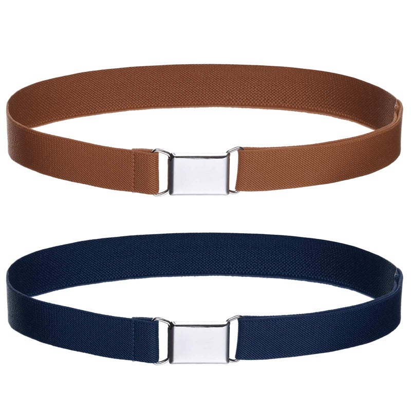 WELROG Toddler Kids Adjustable Buckle Belt - Elastic Child Silver Buckle Belts for Girls Boys Navy blue/Brown - Image 1